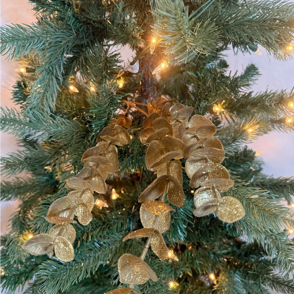 New Gold Metallic Faux Eucalyptus Christmas Floral Stems 26” - Set of 5